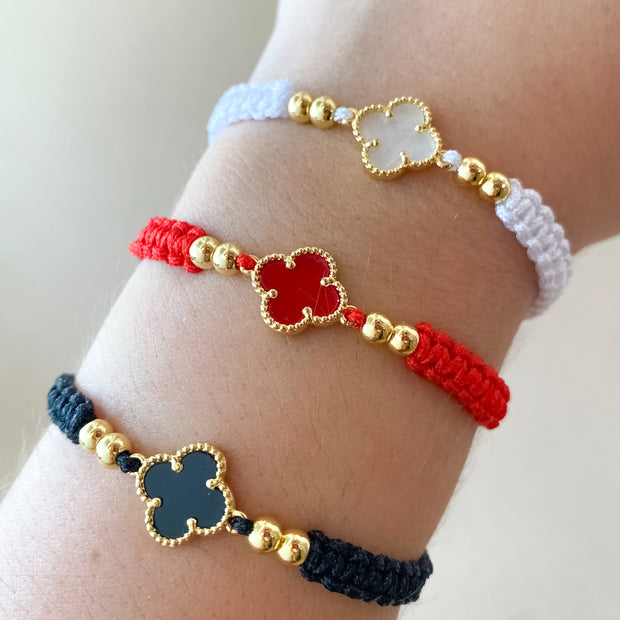 White, Red and Black Clovers Thread Adjustable Bracelets