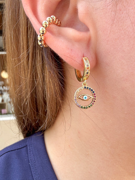 Argollas Evil Eye Coloridos + Ear Cuff Balines Dorados