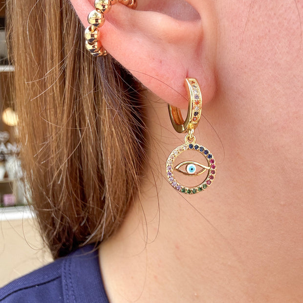 Argollas Evil Eye Coloridos + Ear Cuff Balines Dorados