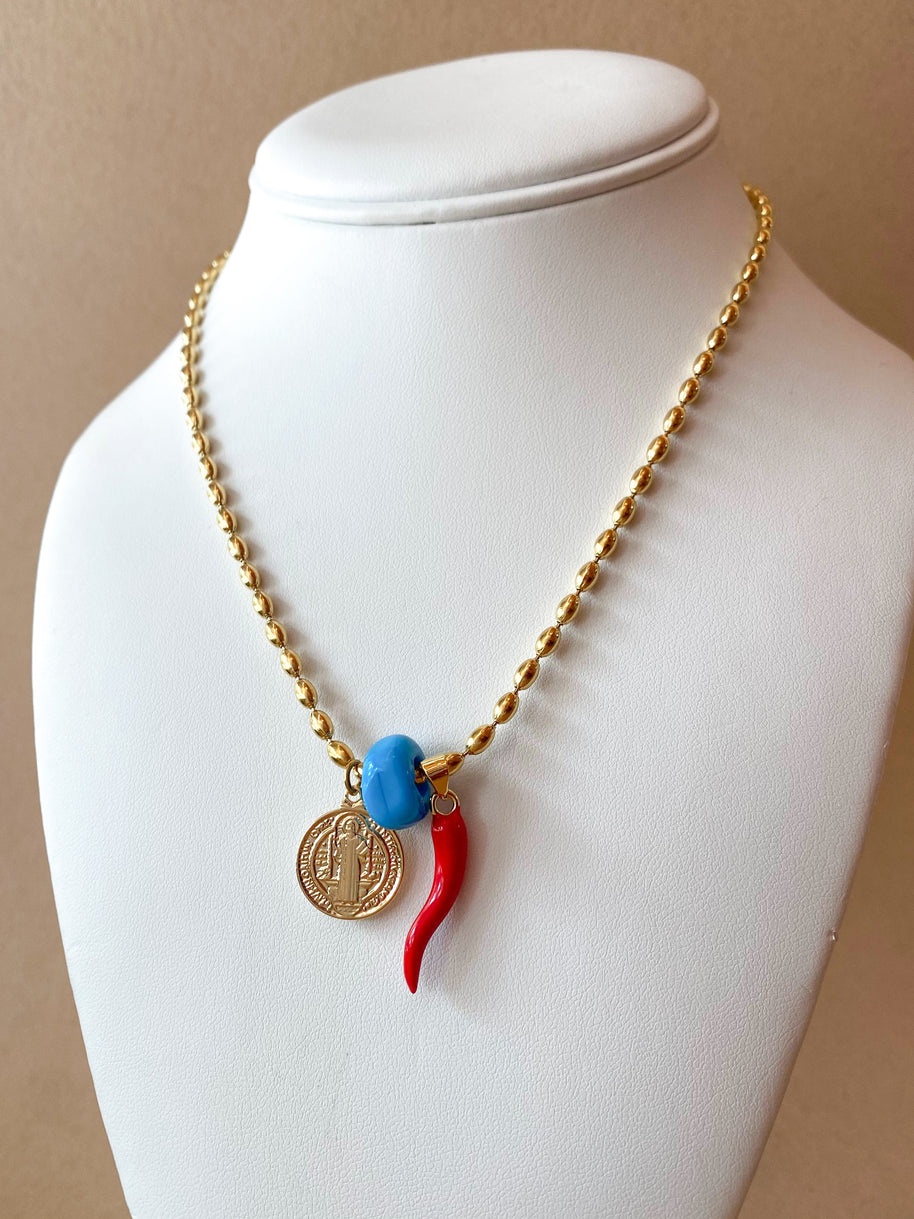 St. Benedict, Blue Turkish & Red Horn Stainless Steel Chain Necklace