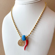 St. Benedict, Blue Turkish & Red Horn Stainless Steel Chain Necklace