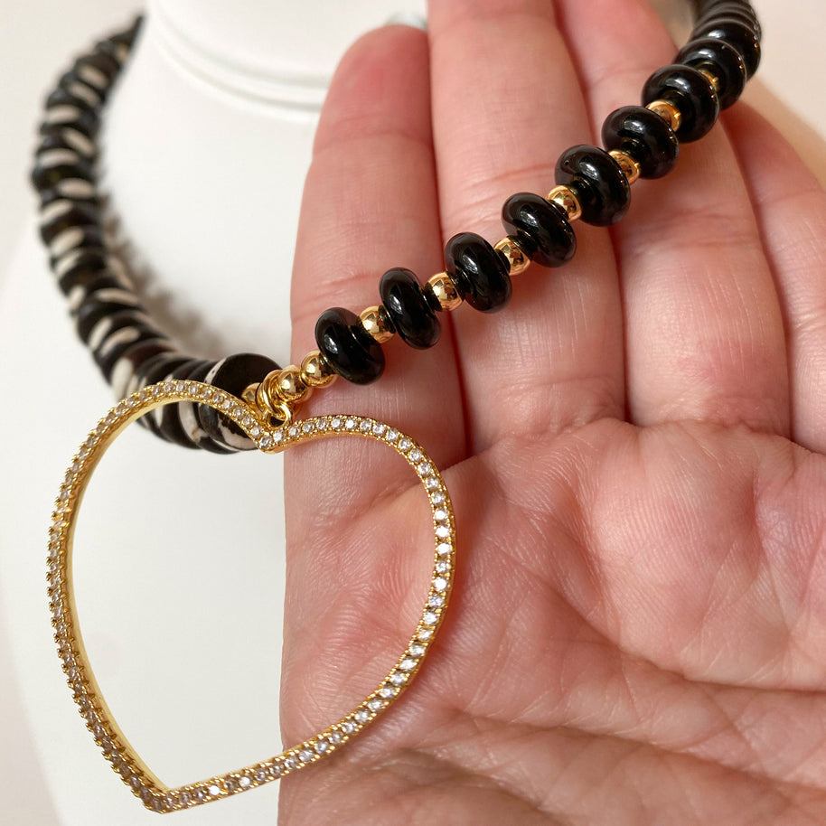 Black Disc Beaded Big Heart Necklace