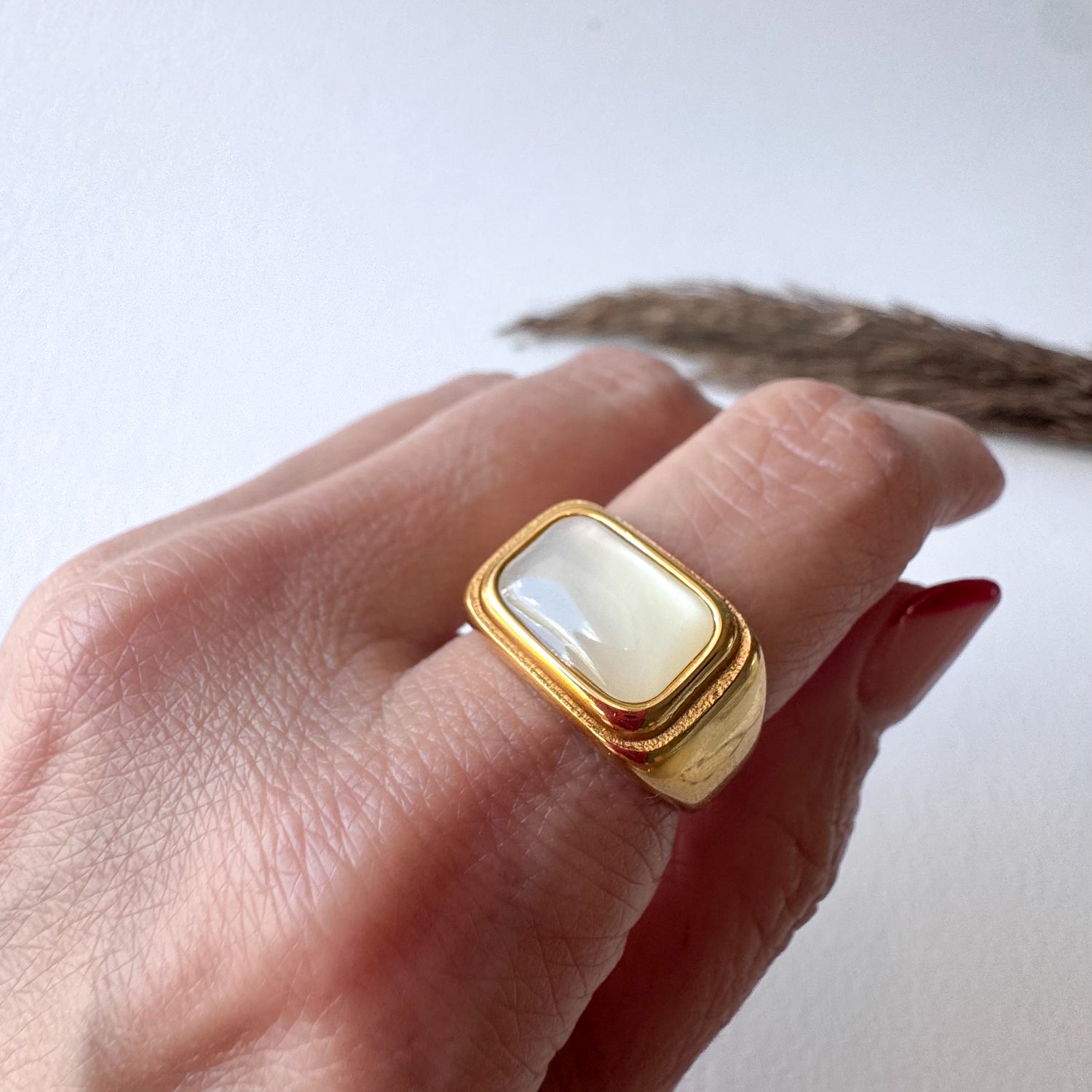 Mother od Pearl Square Style Steel Ring