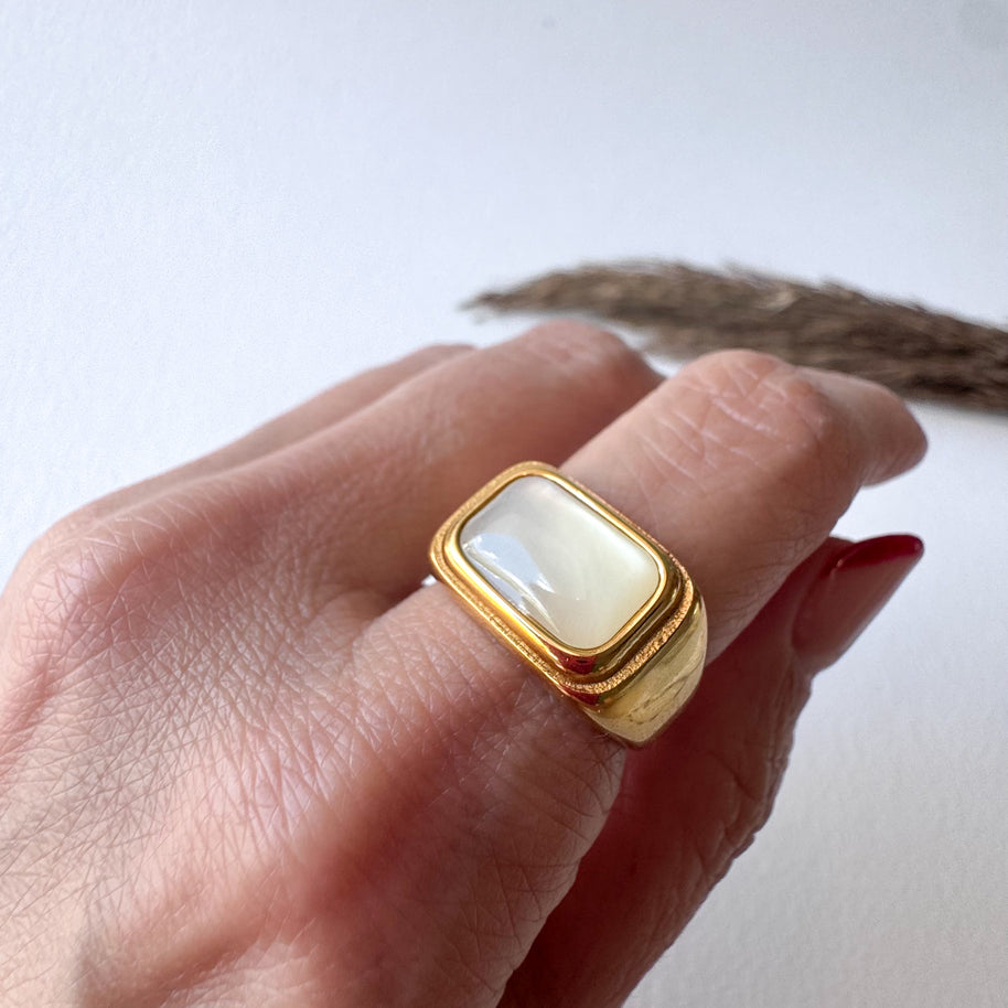Mother od Pearl Square Style Steel Ring