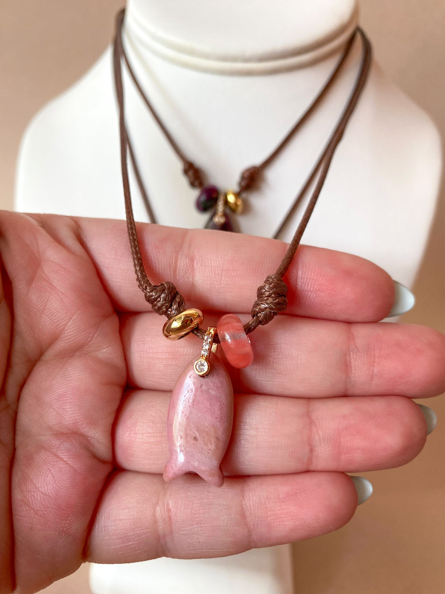 Gemstones Fish Charms and Turkish Leather Necklace
