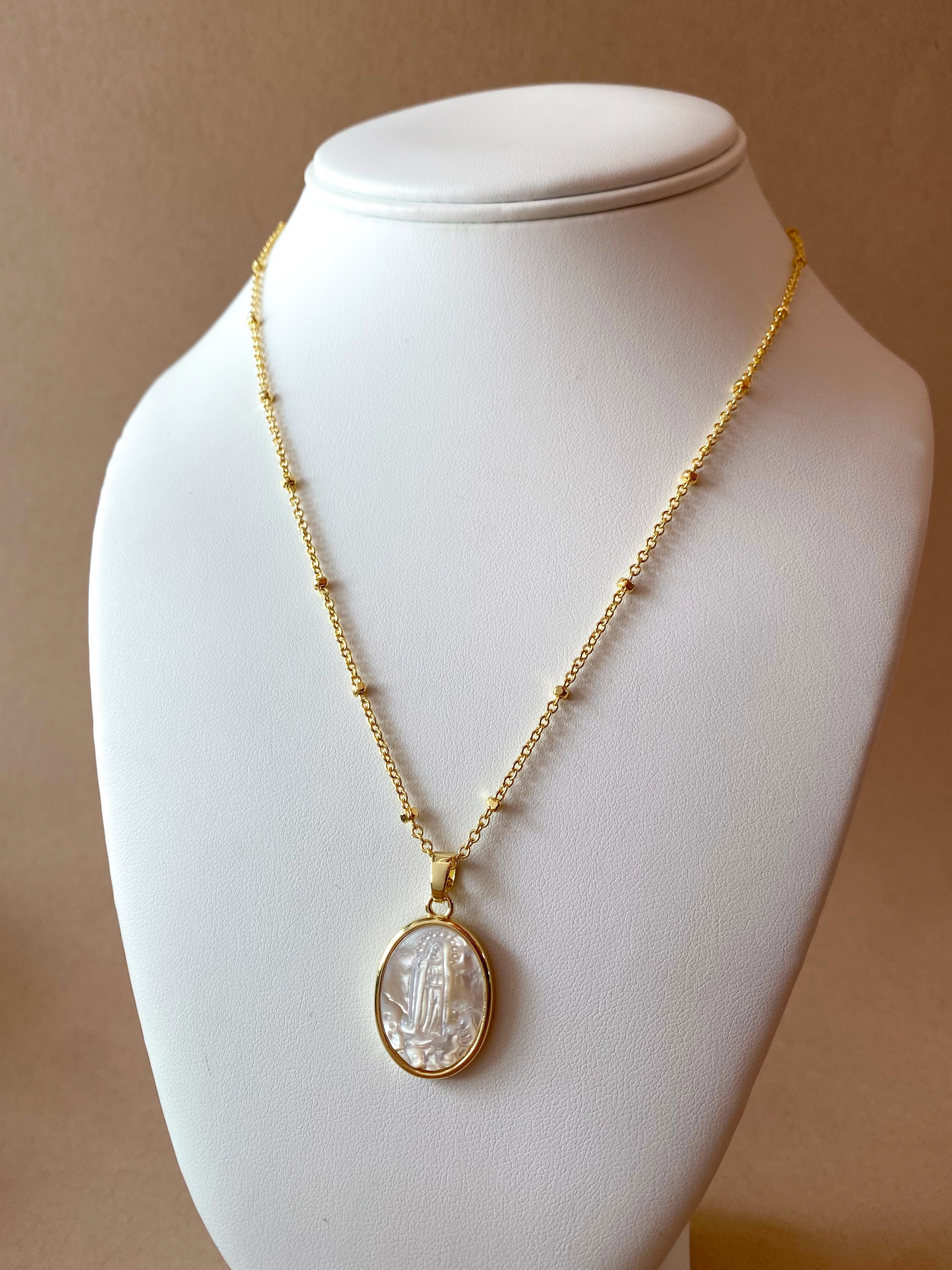 Fatima Virgin Mother of Pearl Oval Medal Necklace