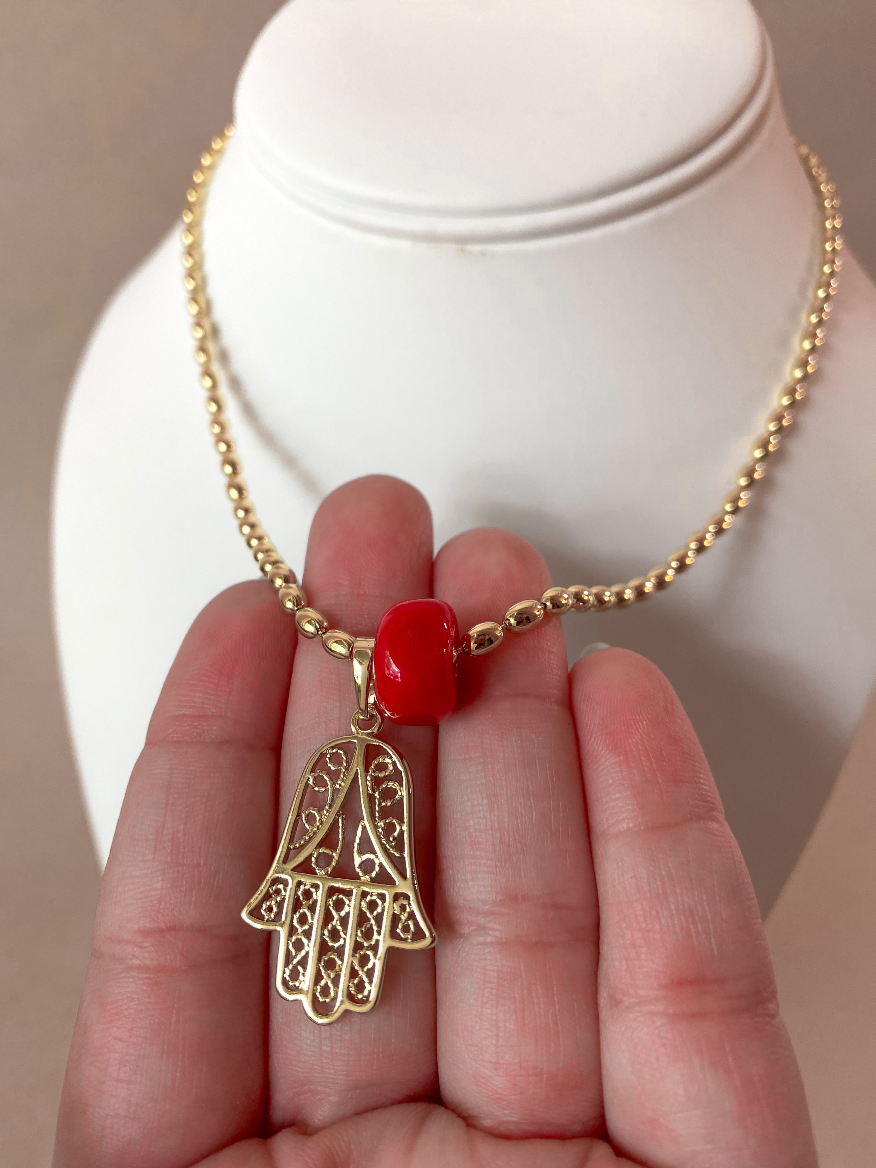 Big Hamsa and Red Turkish Stone Necklace