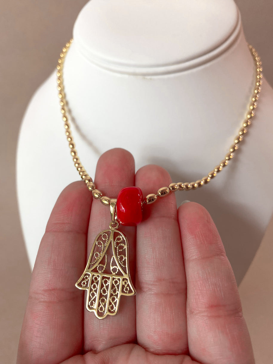 Big Hamsa and Red Turkish Stone Necklace