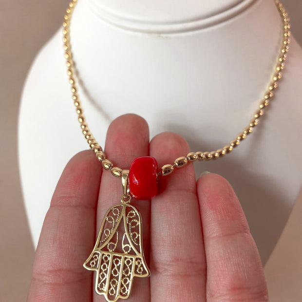 Big Hamsa and Red Turkish Stone Necklace