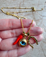 Load image into Gallery viewer, Cadenas Evil Eye + Cuernito + Horseshoe
