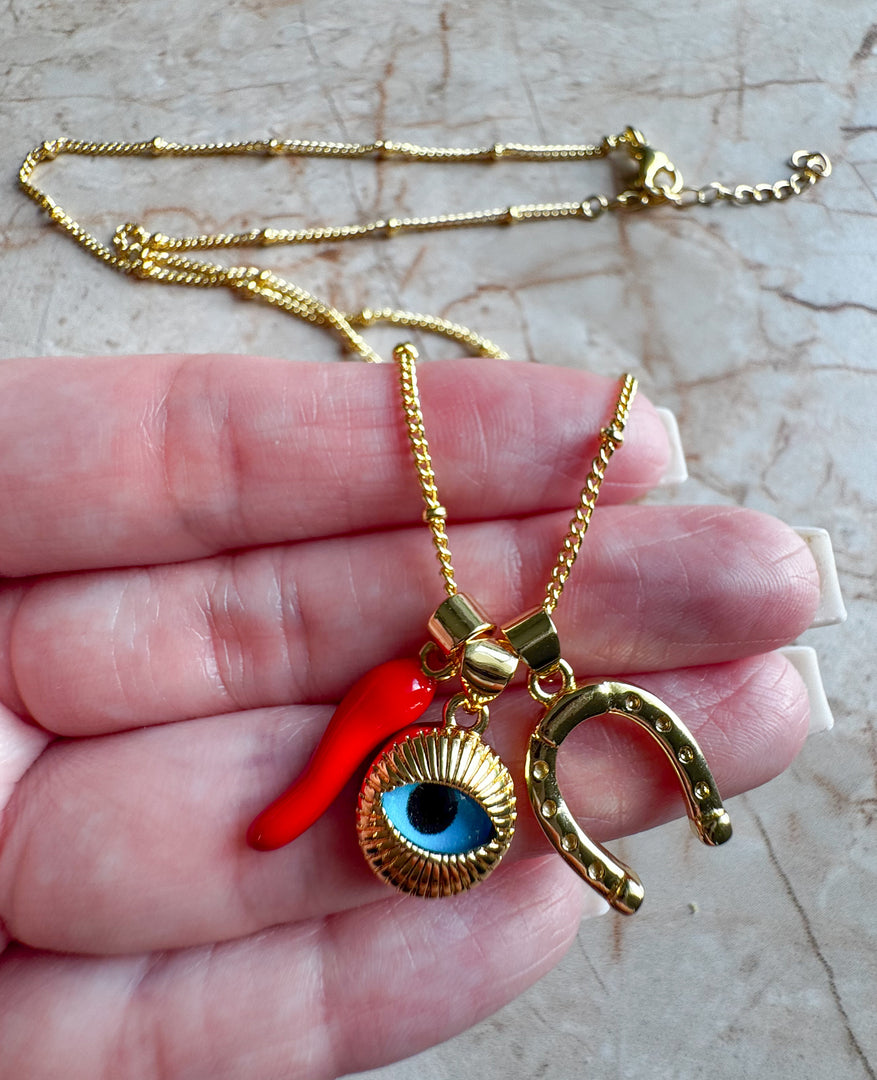 Cadenas Evil Eye + Cuernito + Horseshoe