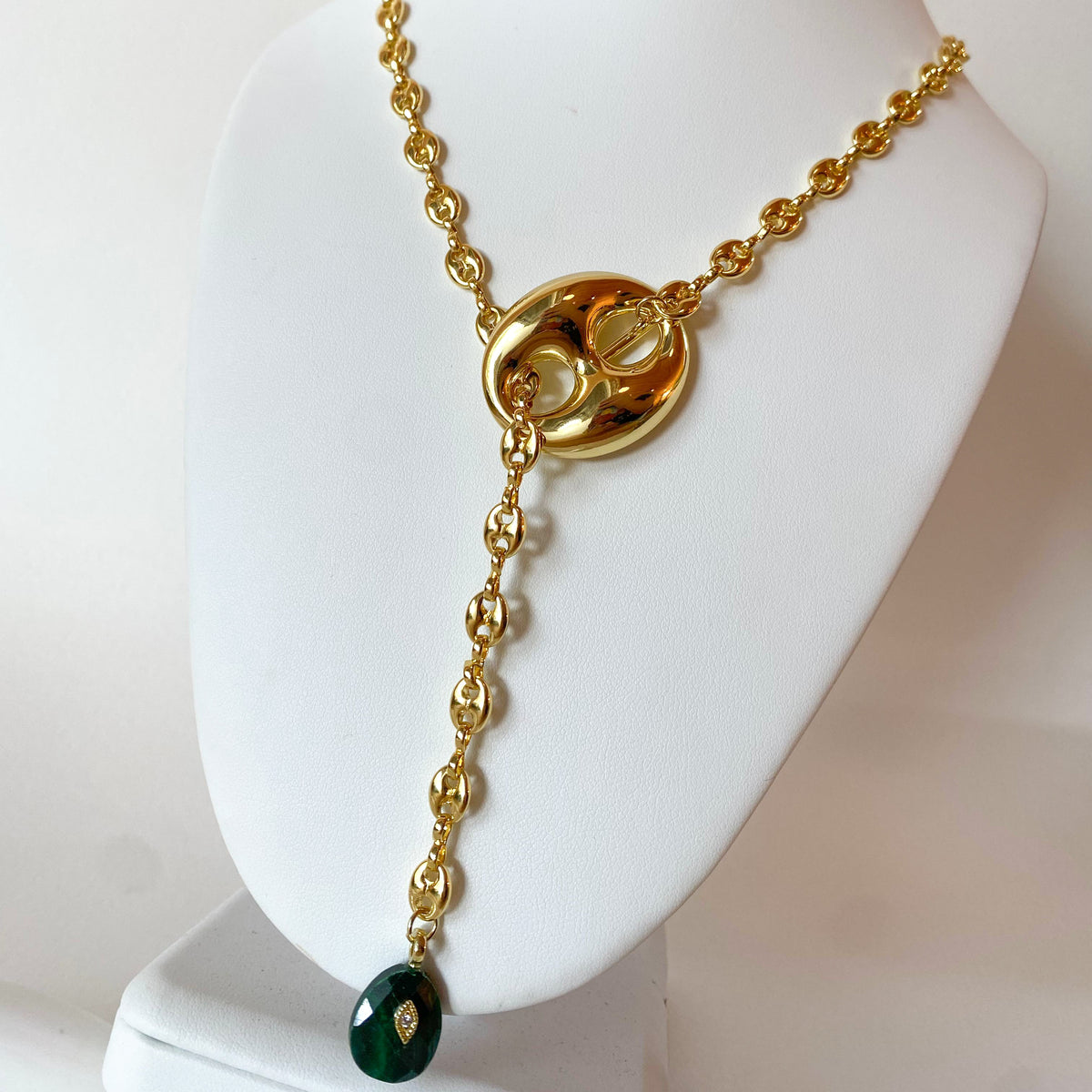 Coffee Grain & Green Bead Long Y Necklace