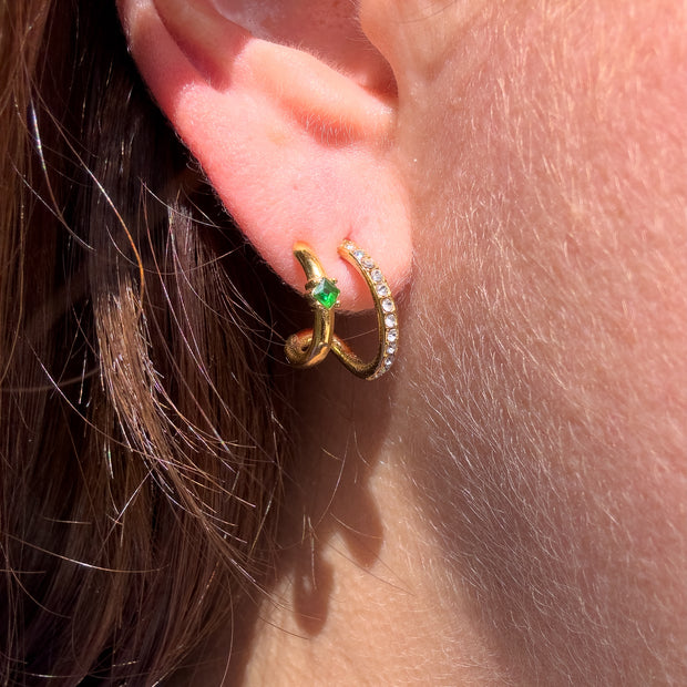 Golden and Green Zircons Double Steel Earrings