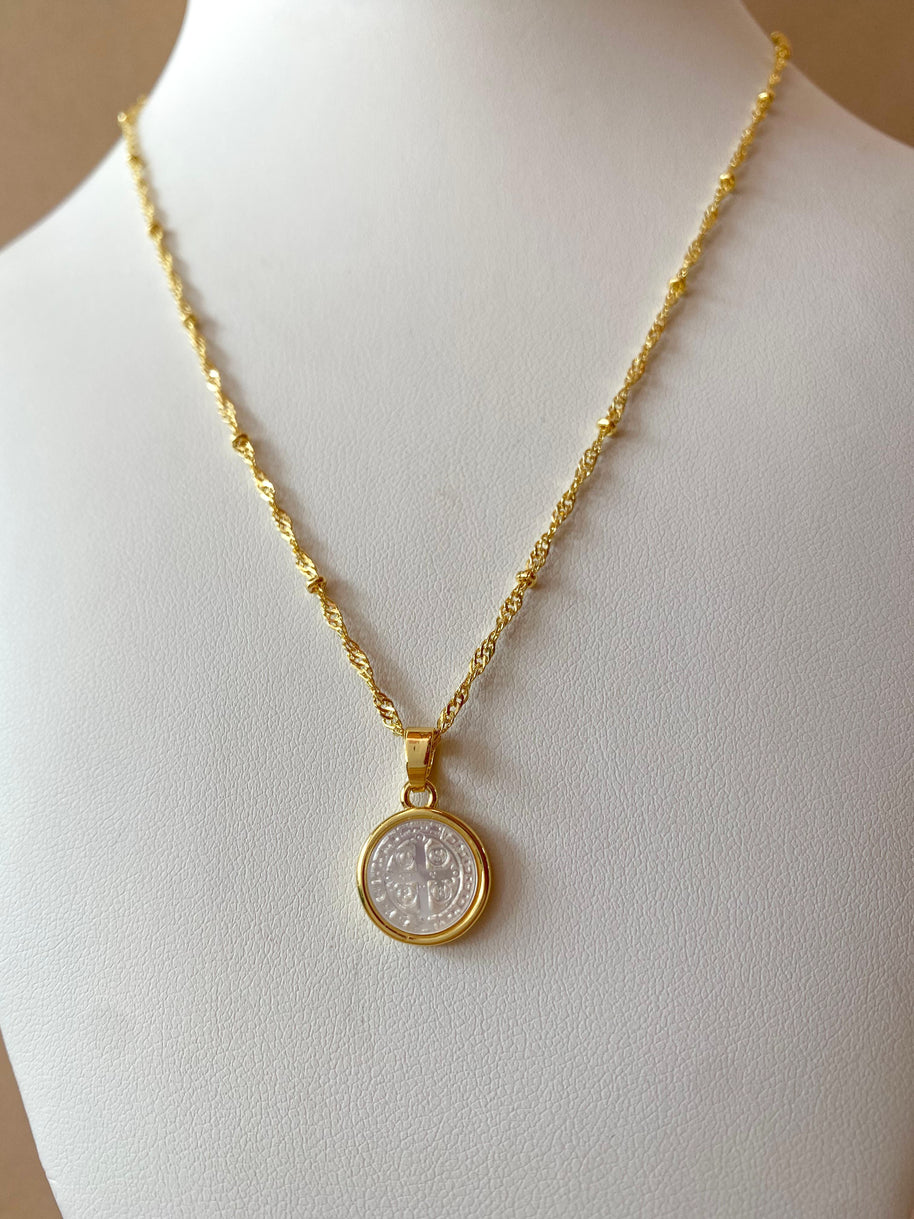St. Benedict Medal Mother of Pearl Necklace