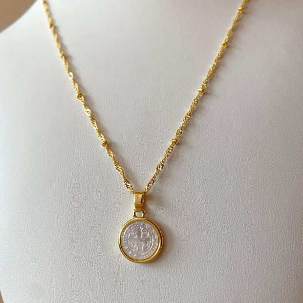 St. Benedict Medal Mother of Pearl Necklace