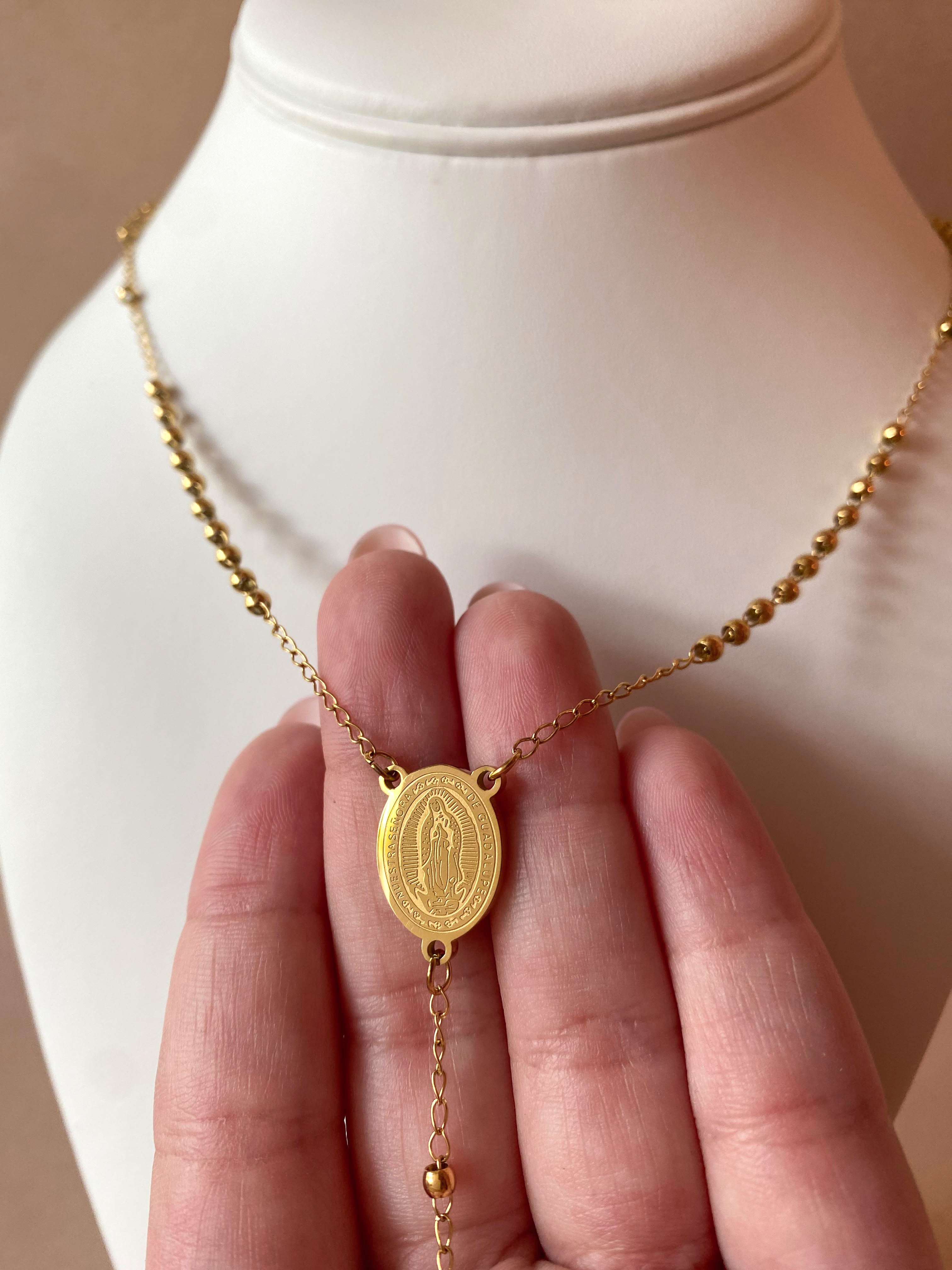 Golden Steel Guadalupe Virgin Rosary Necklace