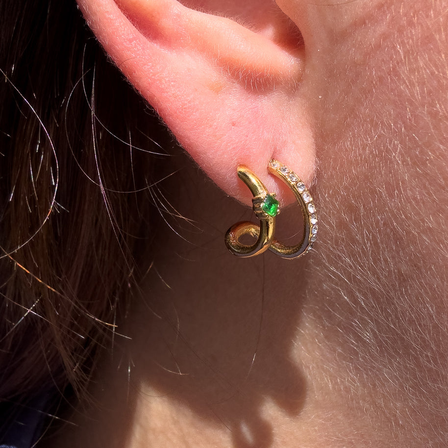 Golden and Green Zircons Double Steel Earrings