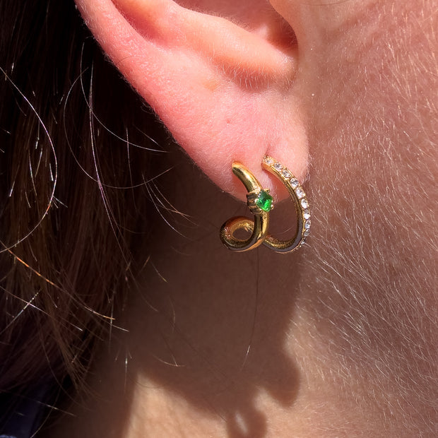 Golden and Green Zircons Double Steel Earrings