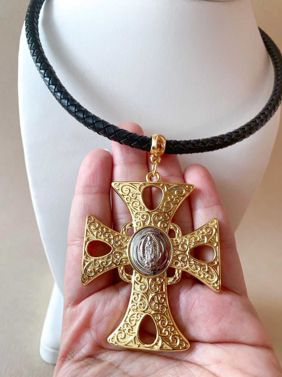 Big Golden Cross with Silver Guadalupe Medal Black Necklace