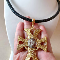 Big Golden Cross with Silver Guadalupe Medal Black Necklace