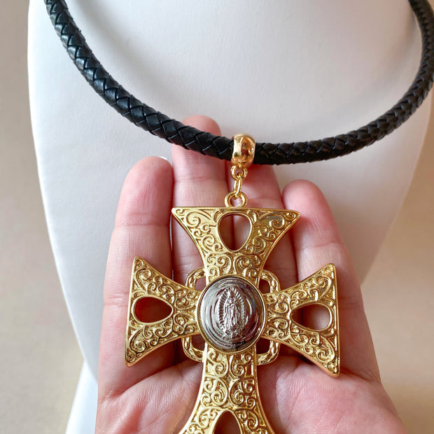 Big Golden Cross with Silver Guadalupe Medal Black Necklace