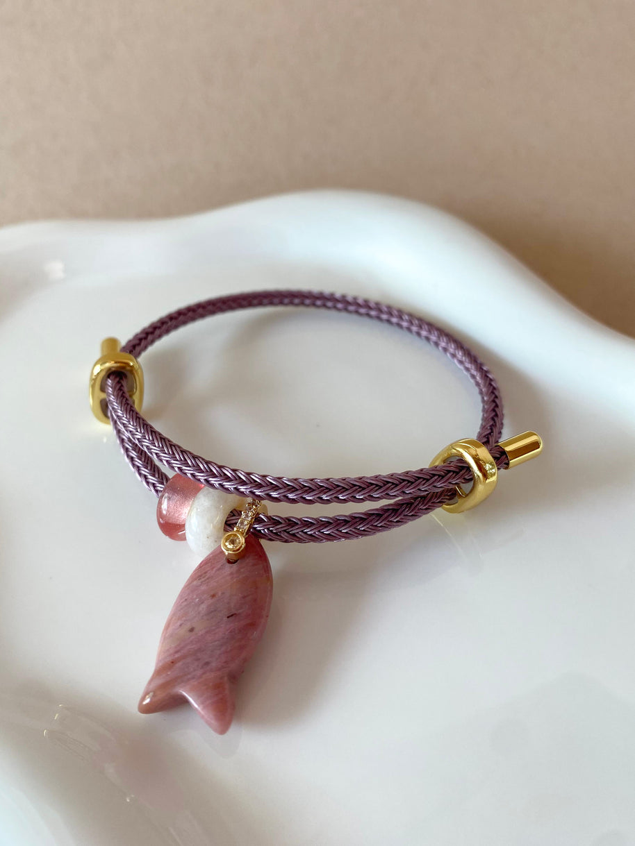 Fish and 2 Turkish Stone Rhodochrosite Adjustable Bracelet
