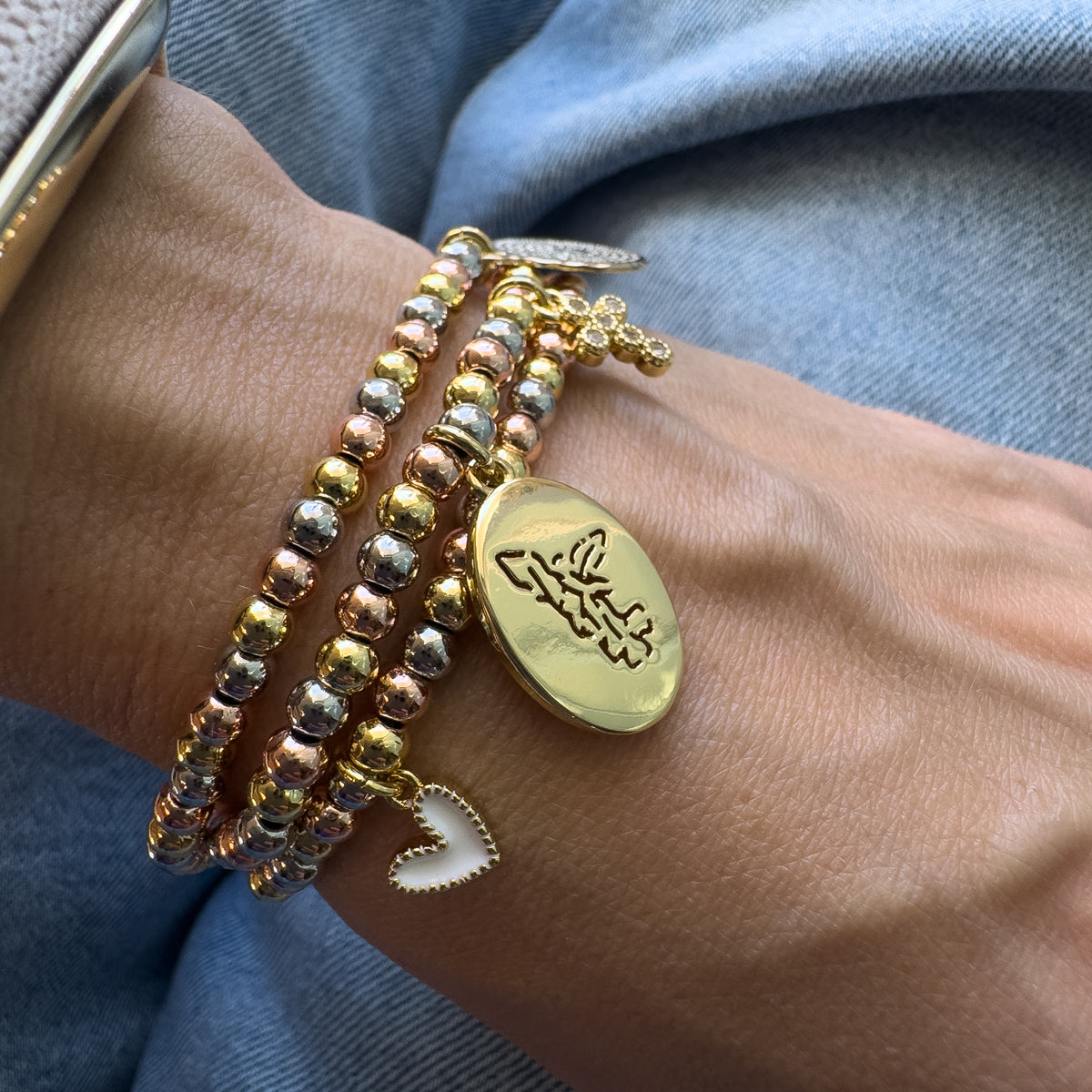 St Miguel Religious Charms in 3 Gold Adjustable Bracelet