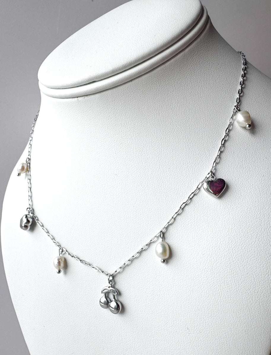 Cherry & Pearls Silver Steel Necklace
