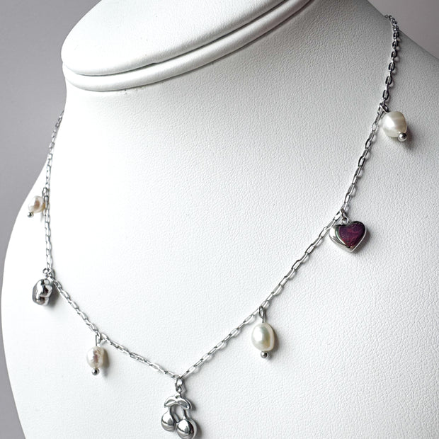 Cherry & Pearls Silver Steel Necklace