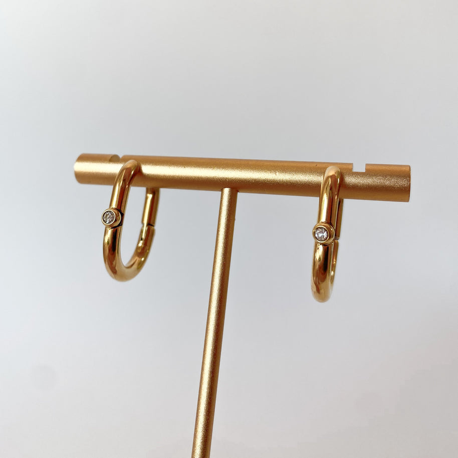 Golden Steel Thick Single Zircon Oval Hoops