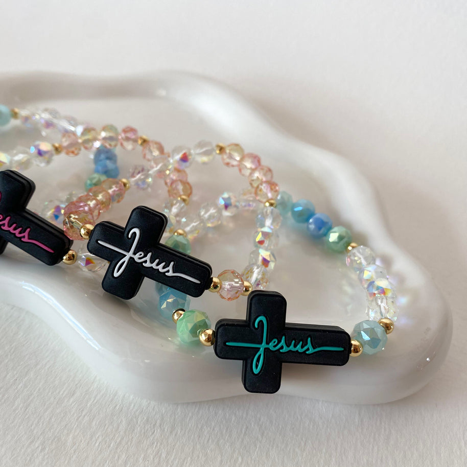 Colorful Jesus Cross Crystal Elastic Bracelets