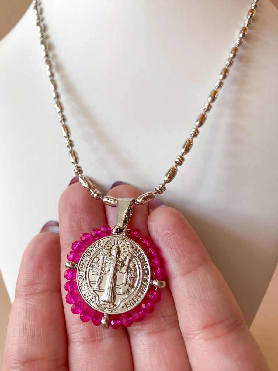 Silver St. Benedict Crystal Medal Necklaces
