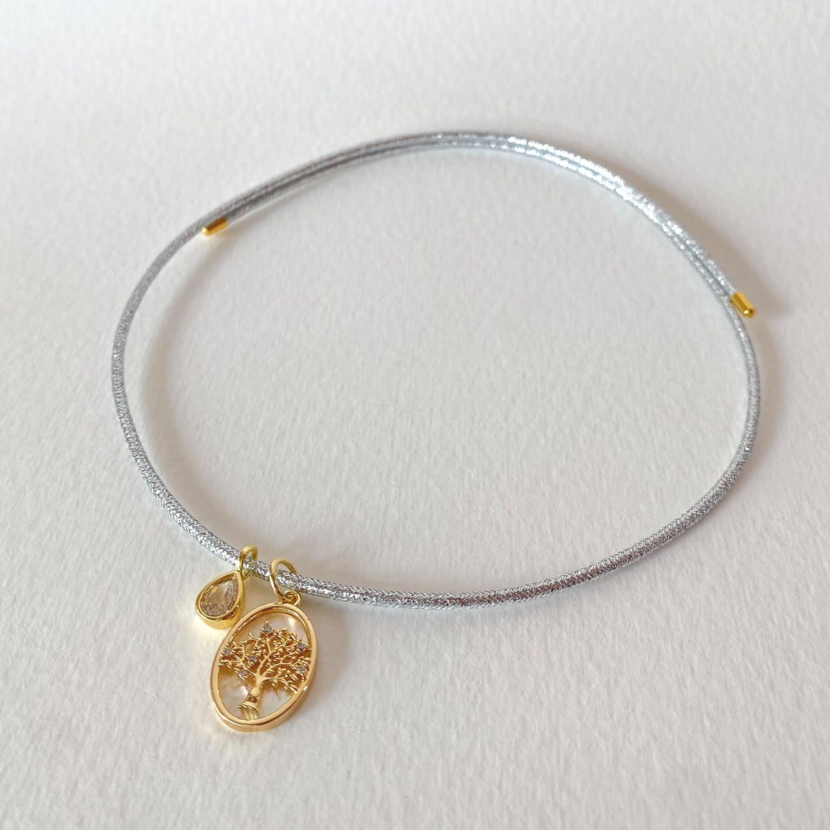 Adjustable Shiny Silver Magnetic Cord Tree of Life and Clear Drop Crystal Bracelet/Necklace