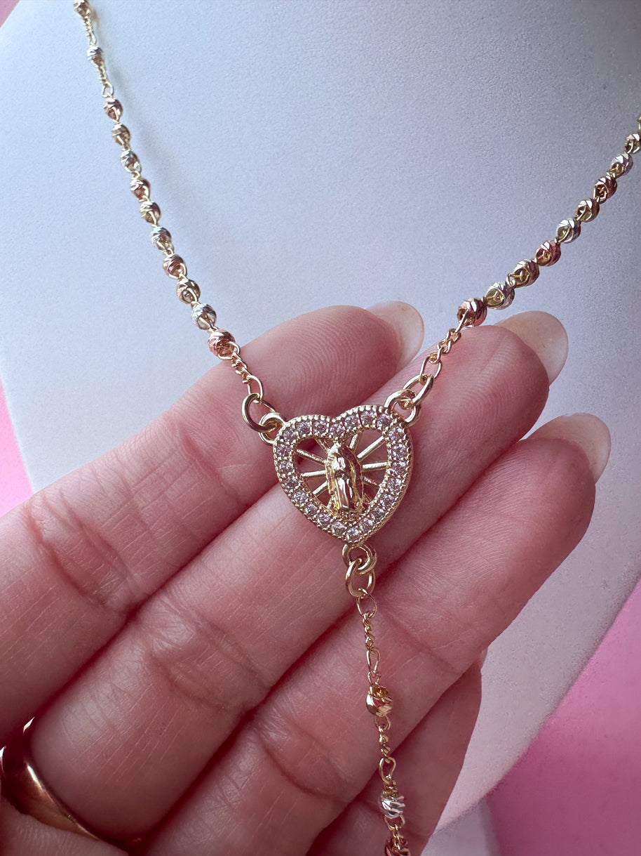Guadalupe Heart Shape 3 Gold Rosary