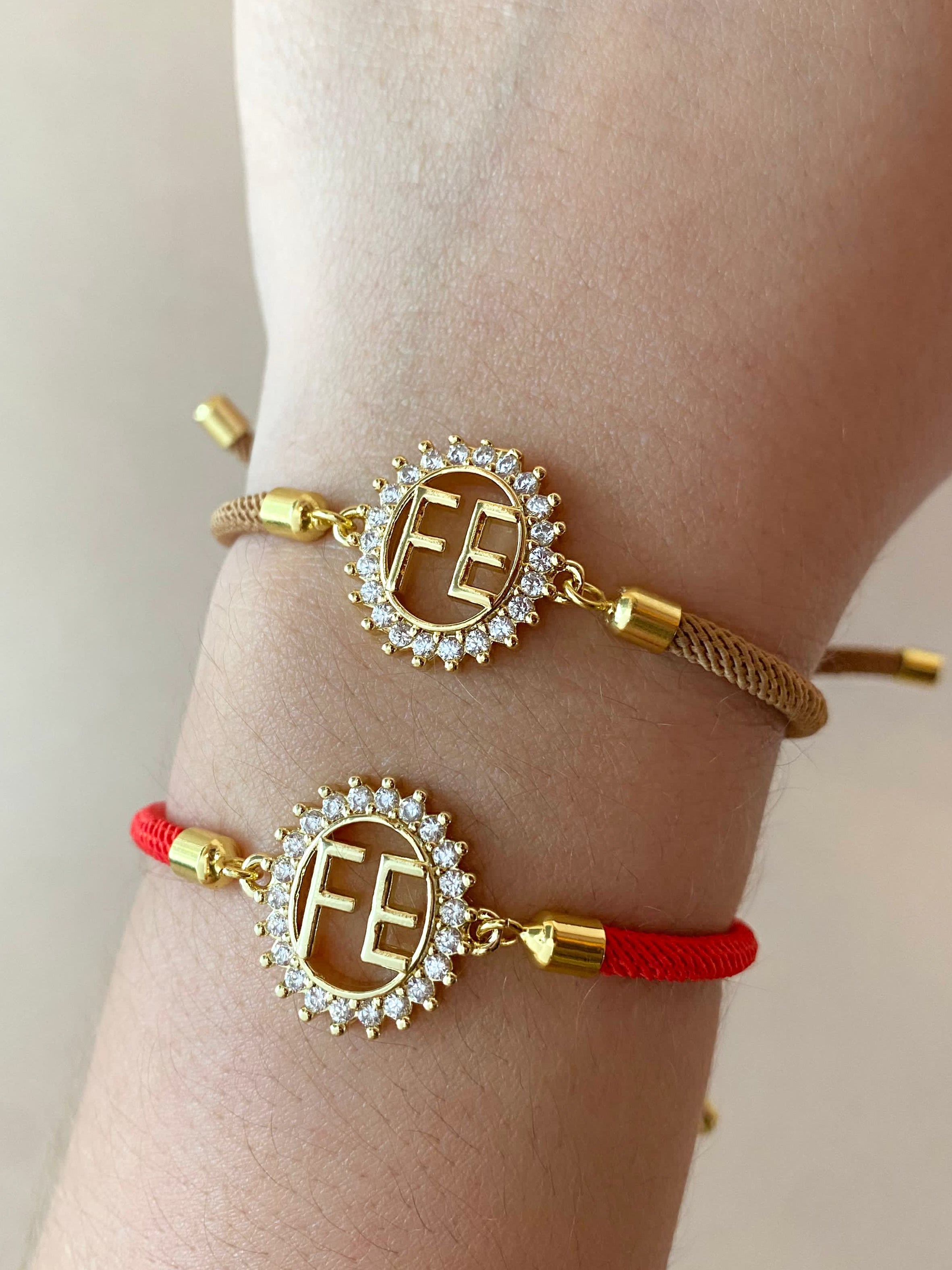 Crystals Faith Charms in Red or Brown Adjustable Bracelets