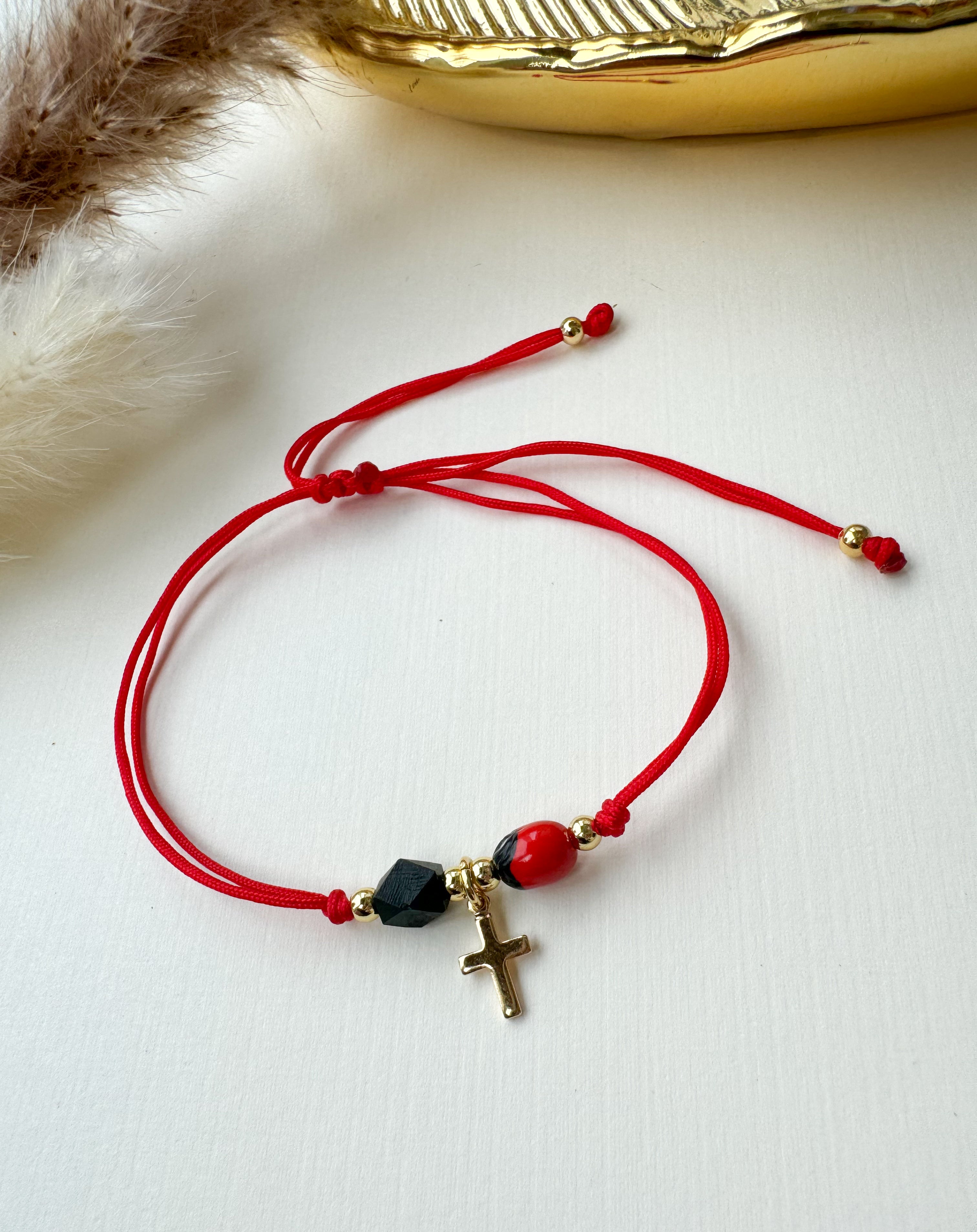 Red Azabache Bracelet Cross charm and Peony