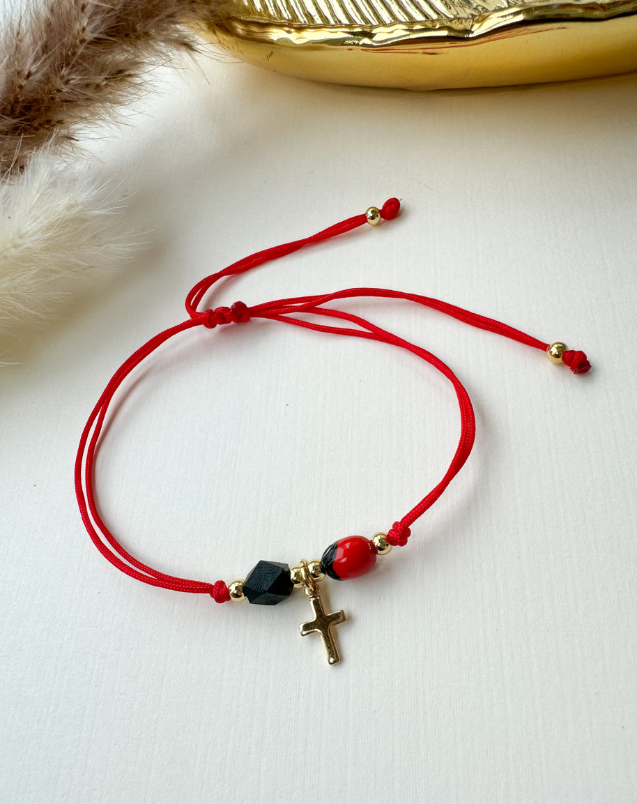 Red Azabache Bracelet Cross charm and Peony