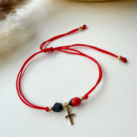 Red Azabache Bracelet Cross charm and Peony