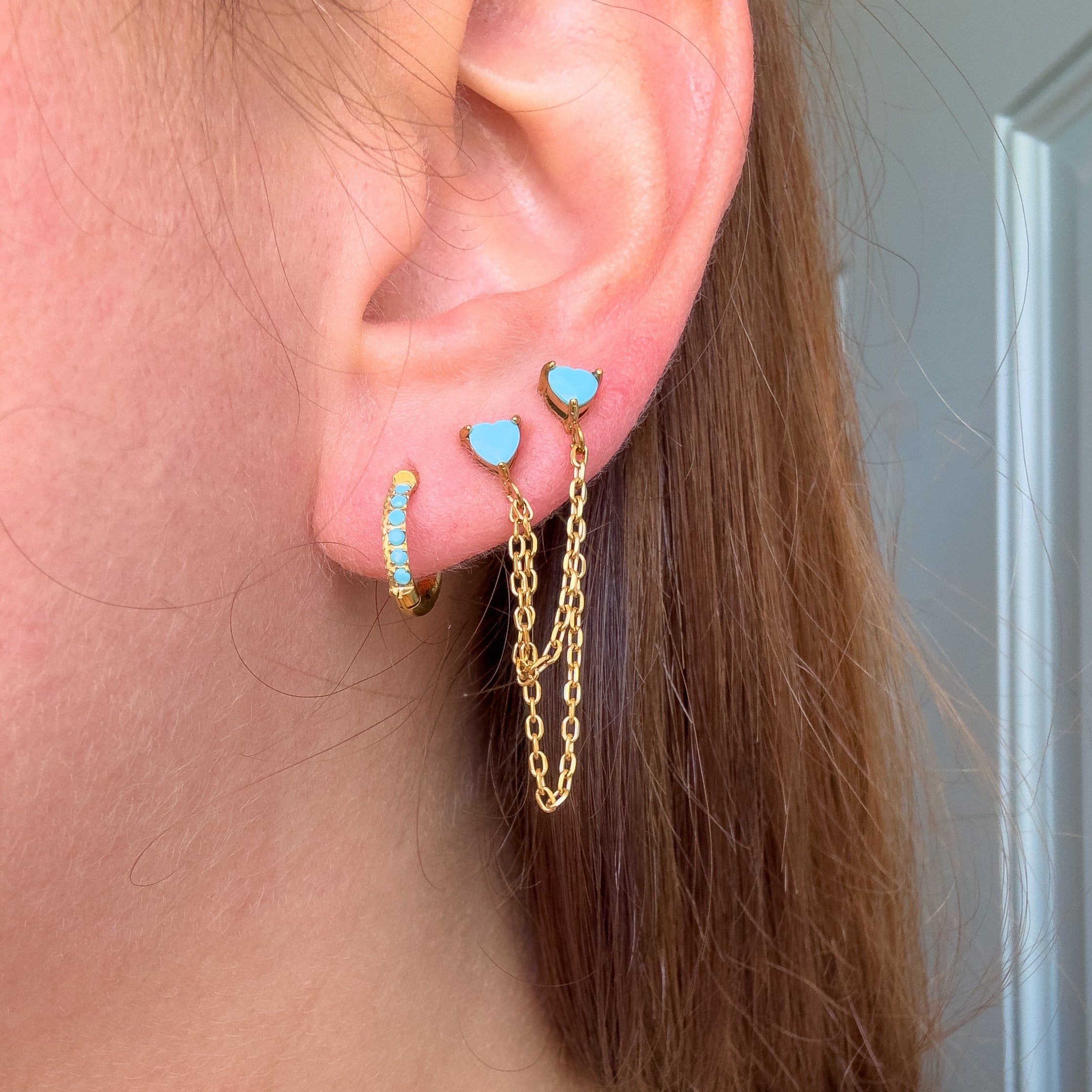 Blue Steel Little Hoops or 2 Hearts Chain Earrings