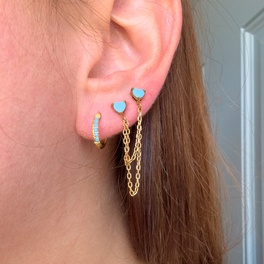 Blue Steel Little Hoops or 2 Hearts Chain Earrings