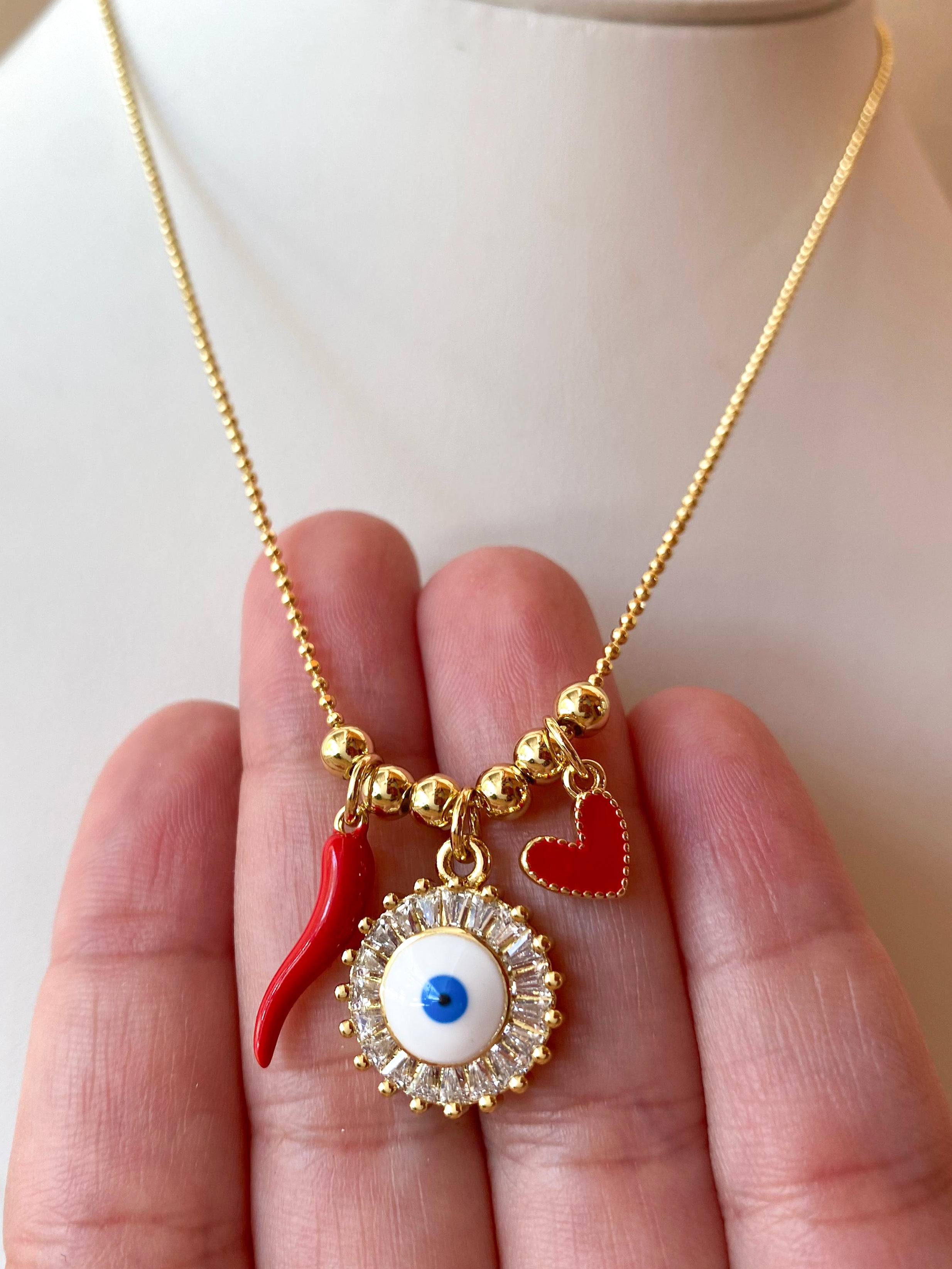 Shiny Evil Eye 🧿, Horn & Red Heart Adjustable Necklace