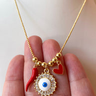 Shiny Evil Eye 🧿, Horn & Red Heart Adjustable Necklace