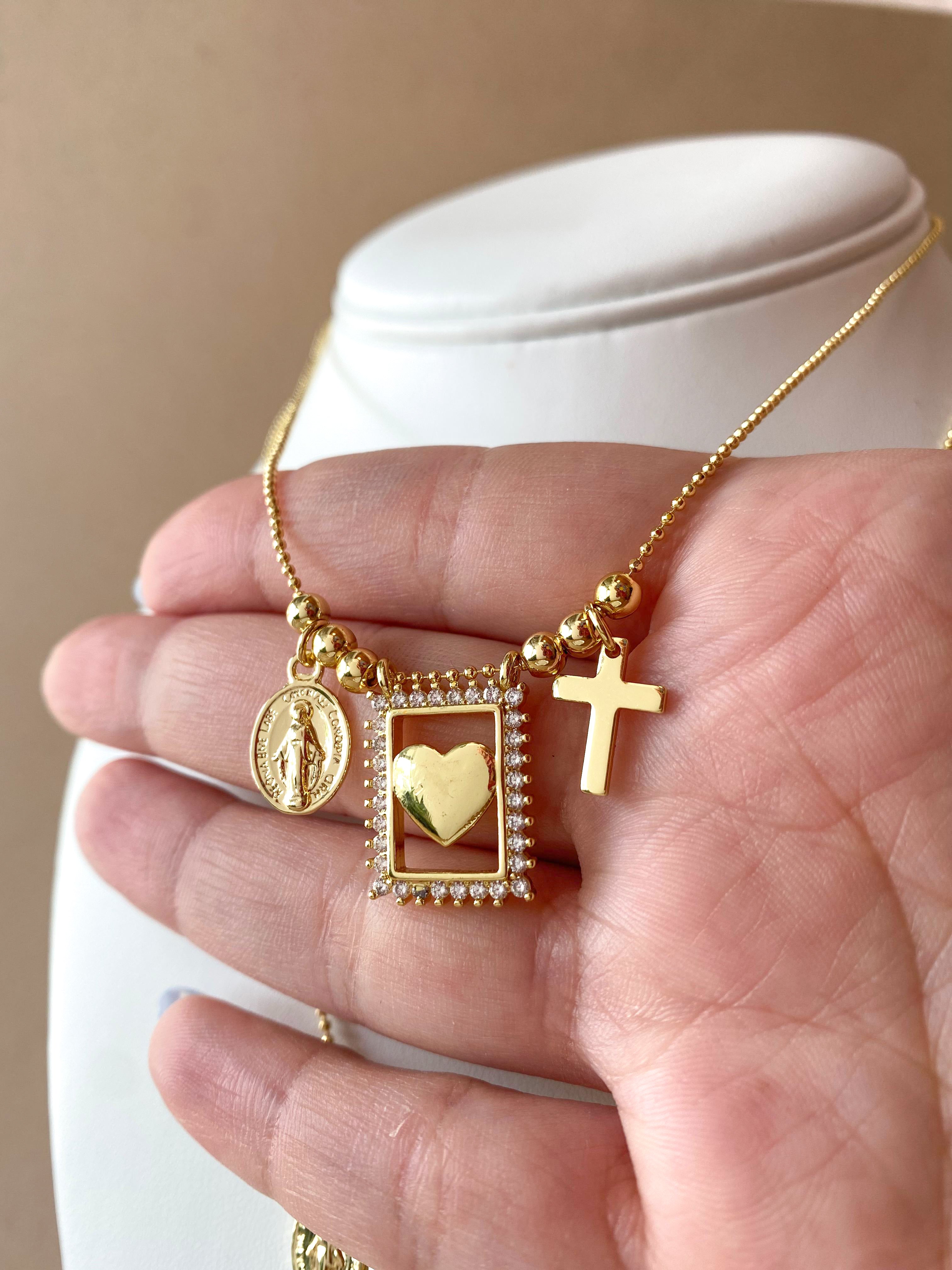 Golden Miracle Virgin Heart & Cross Scapular Necklace