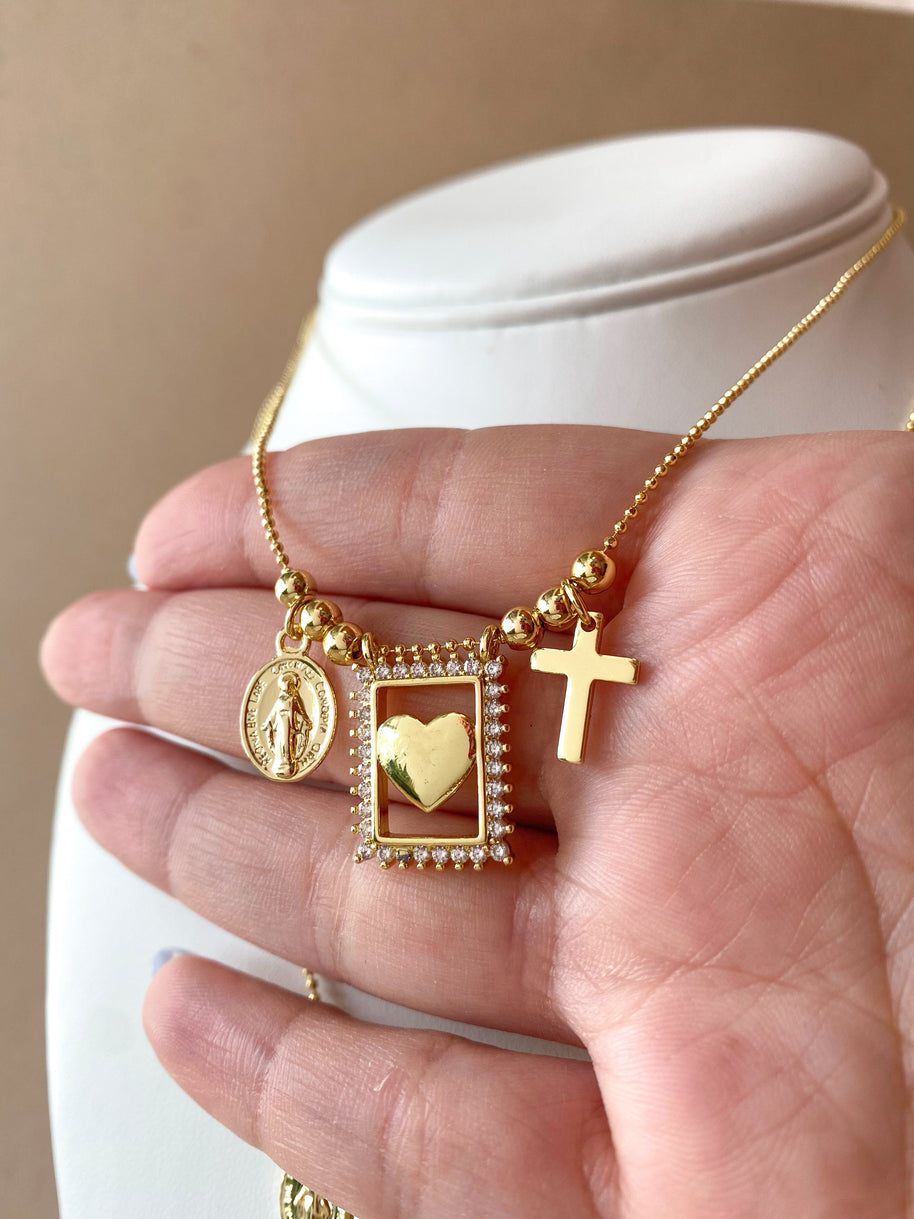Golden Miracle Virgin Heart & Cross Scapular Necklace