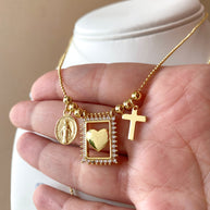 Golden Miracle Virgin Heart & Cross Scapular Necklace