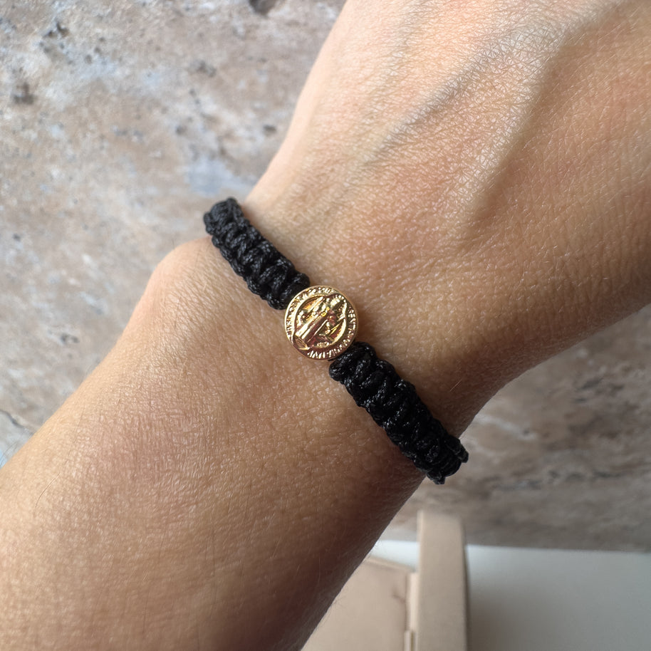 St. Benedict Solitary 18K Solid Gold Medal in Black String Bracelet