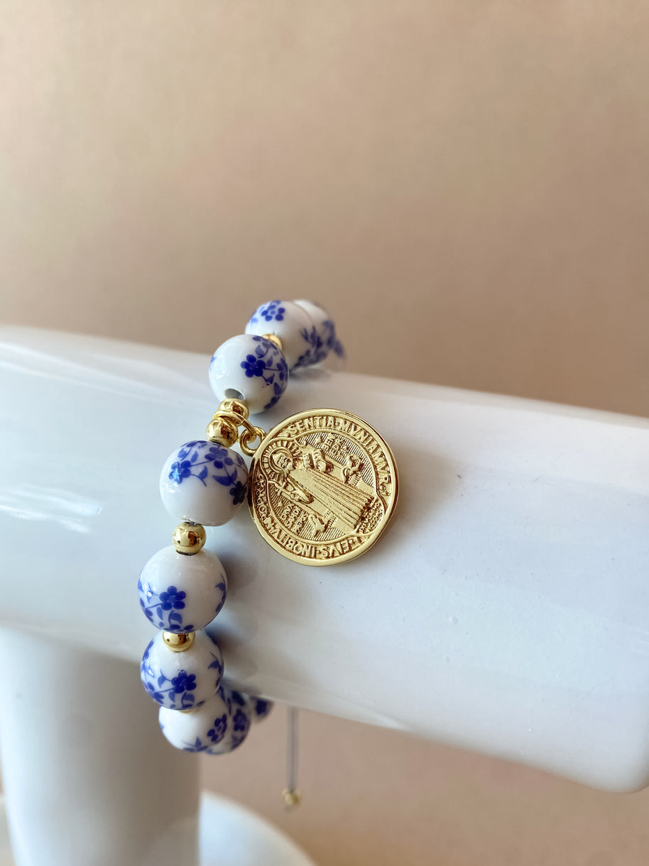 St. Benedict Blue & White Adjustable Bracelet