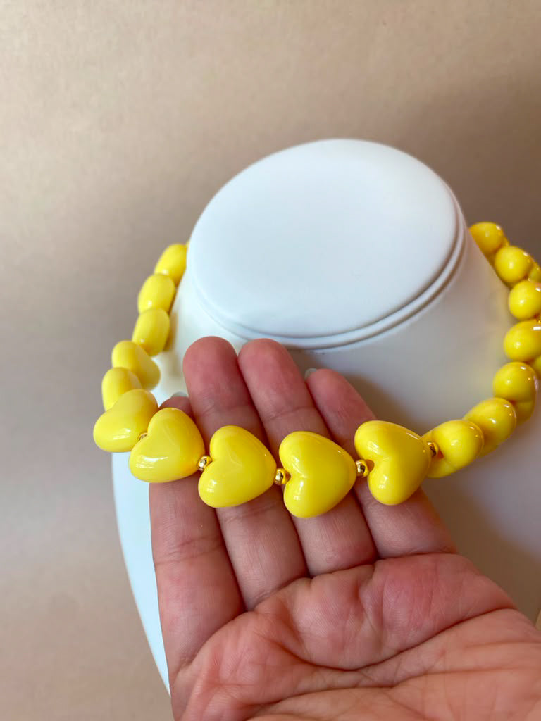 Yellow Ceramic Hearts Pattern Necklace