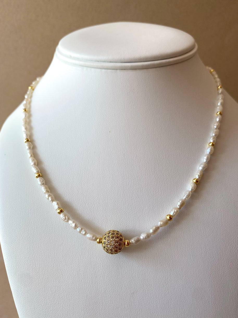 Little Pearls and Golden Fire Ball Charm Necklace