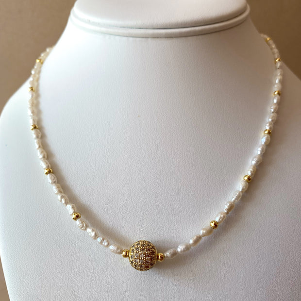 Little Pearls and Golden Fire Ball Charm Necklace
